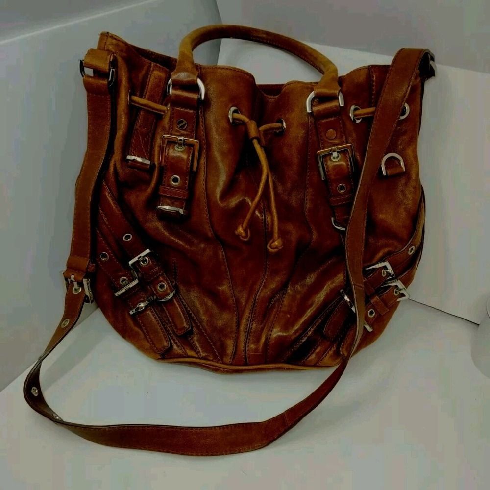 Michael Kors Leather Tote Hobo Shoulder Bag Distressed Look Large Bucket Buckle